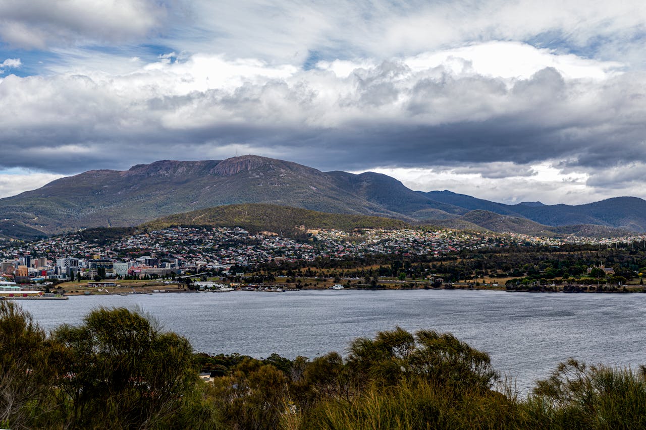 Beautiful landscape of Mount Wellington and Hobart from Rosny Hill, Tasmania.
